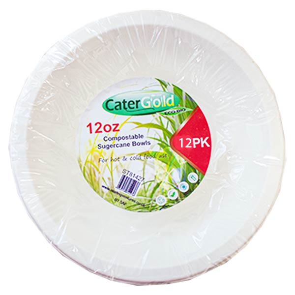 Cater Gold Compostable Sugarcane Bowls 12oz 12pk - 50pk @SaveCo Online Ltd