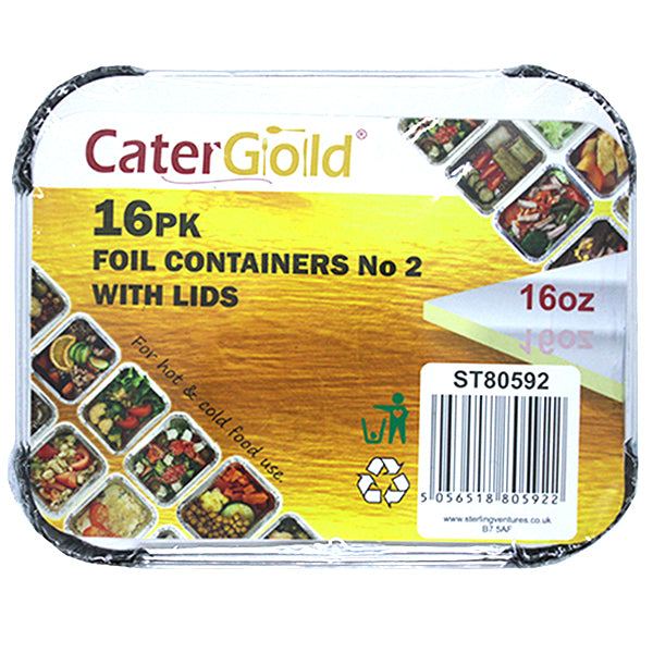 Cater Gold Foil Containers No.2 With Lids 16oz 16pk @SaveCo Online Ltd
