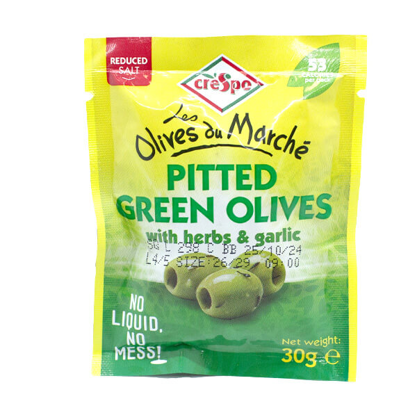 Crespo Pitted Green Olives Herb & Garlic 30g @SaveCo Online Ltd