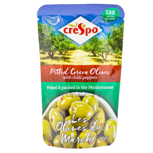 Crespo Pitted Green Olives With Chilli Peppers 70g @SaveCo Online Ltd