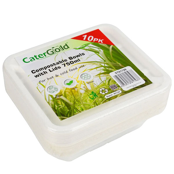 Cater Gold Compostable Bowls with Lids 750ml 10Pk @SaveCo Online Ltd