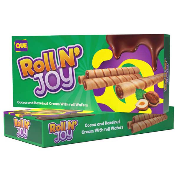 QUE Roll N' Joy Coca & Hazelnut Cream Roll Wafers @SaveCo Online Ltd
