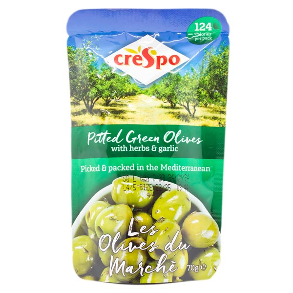 Crespo Pitted Green Olives with Herbs & Garlic 70g @SaveCo Online Ltd